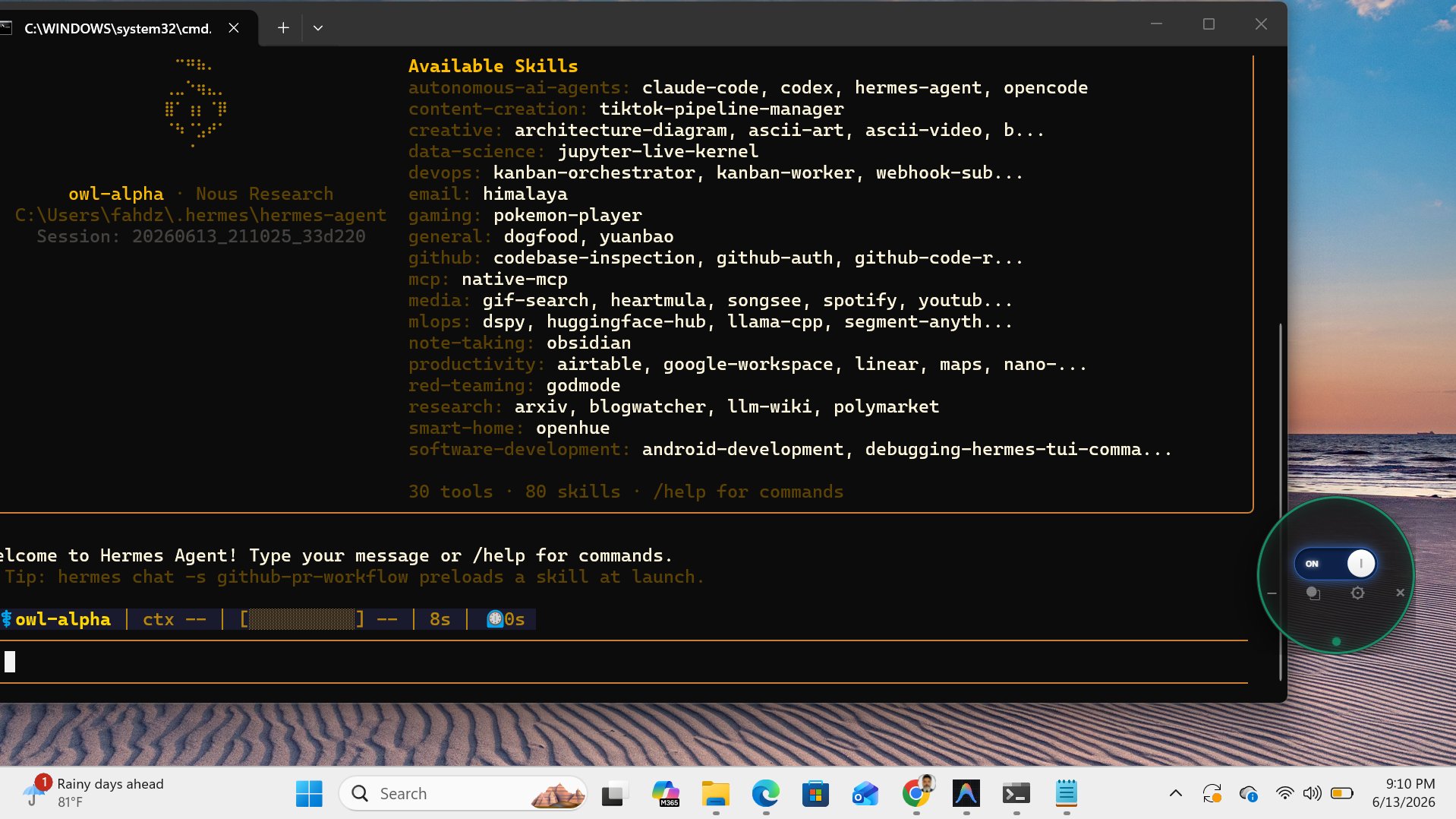 LidOrbit floating widget hovering beside an active AI agent terminal session on a Windows desktop