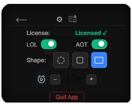 LidOrbit settings panel showing license status, launch options, shape picker, and alarm interval